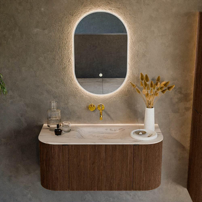 MONDIAZ KURVE-DLUX 100cm badmeubel ronding Links + Rechts kleur Walnut met 1 lade en 2 deuren. Wastafel GRUNNE Midden zonder kraangat Nata.