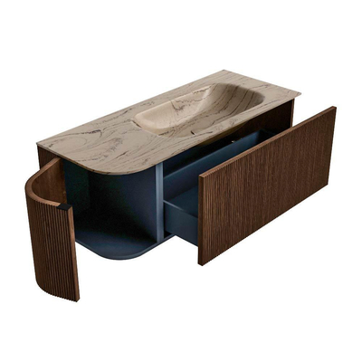 MONDIAZ KURVE-DLUX 115cm badmeubel ronding Links kleur Walnut met 1 lade en 1 deur. Wastafel BIG SMALL Rechts zonder kraangat Arena.