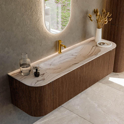 MONDIAZ KURVE-DLUX Meuble de salle de bains 160cm arrondi gauche + droite couleur Walnut avec 1 tiroir et 2 portes. Lavabo BIG MEDIUM central 1 trou de robinet Nata.