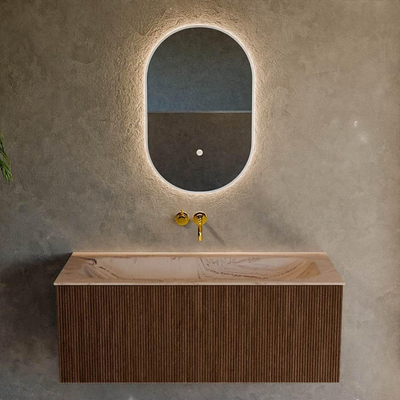 MONDIAZ KURVE-DLUX 110cm meuble de salle de bains couleur Walnut avec 1 tiroir et 0 porte. Lavabo BIG MEDIUM Central sans trou de robinet Arena.
