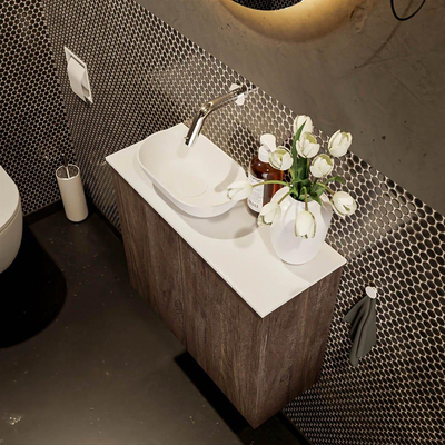 Meuble de toilette Mondiaz Fowy 60x50x23cm marron foncé mat 0 trou de robinet lavabo : gauche 2 portes solid surface avec plan Melamine couleur lavabo : blanc