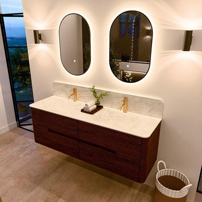 Mondiaz CIRO-DLUX Ensemble de meuble de salle de bains - 150x45x50cm - Plan vasque solid surface Opalo - 2 bassins Double - 2 trous de robinet - 4 tiroirs - Ruby