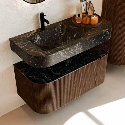 MONDIAZ THOR-DLUX Meuble de salle de bains - 100cm - arrondi gauche + droite - couleur Walnut - 1 tiroir et 2 portes - Vasque suspendue CLOUD gauche 1 trou de robinet couleur Lava