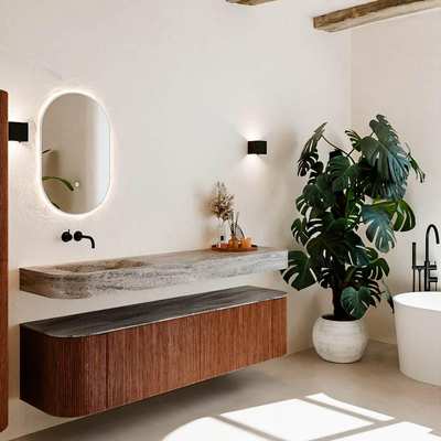 MONDIAZ THOR-DLUX 180cm meuble de salle de bains arrondi gauche + droite couleur Ruby avec 2 tiroirs et 2 portes. Vasque suspendue CLOUD Gauche sans trou de robinet couleur Oza.