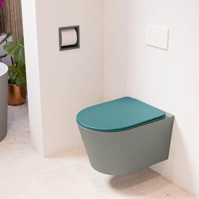 Mondiaz LAVIE hangtoilet – spoelrandloos – 36 x 53 cm – met softclose zitting – Smoke (lichtbruin), zitting Smag (groen)
