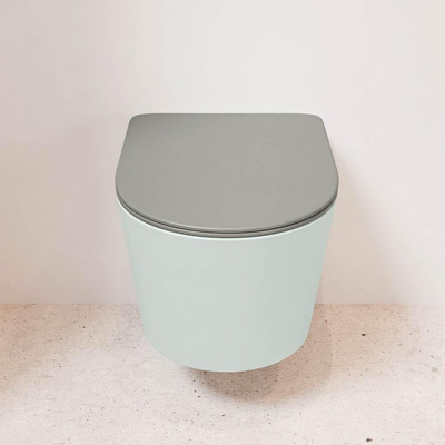 Mondiaz LAVIE hangtoilet – spoelrandloos – 36 x 53 cm – met softclose zitting – Greey (lichtgroen/grijs), zitting Smoke (lichtbruin)