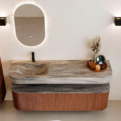 MONDIAZ THOR-DLUX 160cm meuble de salle de bains arrondi gauche + droite couleur Ruby avec 1 tiroir et 2 portes. Vasque suspendue CLOUD Gauche 1 trou de robinet couleur Oza.