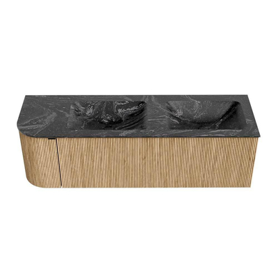 MONDIAZ KURVE-DLUX 145cm meuble de salle de bains avec module 25 L couleur Oak avec 1 tiroir et 1 porte. Lavabo LEAF double / droite 2 trous de robinet couleur Lava.