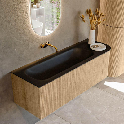 MONDIAZ KURVE 135cm badmeubel met module 25 R kleur Oak met 1 lade en 1 deur. Wastafel BIG MEDIUM links zonder kraangat Urban.