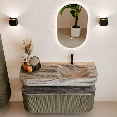 MONDIAZ THOR-DLUX Meuble de salle de bains 120cm arrondi gauche + droite couleur Shadow avec 1 tiroir et 2 portes. Vasque suspendue CLOUD Droite 1 trou de robinet couleur Sombra.