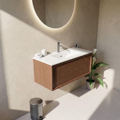 Saniclass Holz Frame Ensemble meuble de salle de bains - 100x45x42cm - Vasque Vygo en céramique blanche - 1 vasque - 1 trou de robinetterie - 1 tiroir - noyer pure mat (bois)