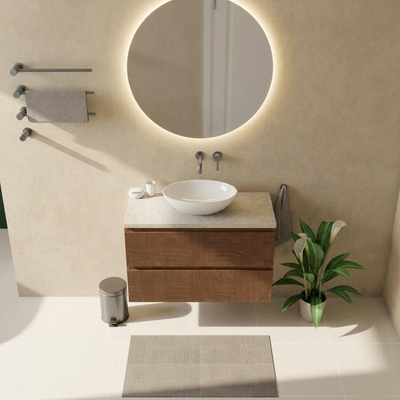 Saniclass Holz Atelier Ensemble de meubles de salle de bains - 100x45x63cm - Plan de toilette en pierre naturelle travertin - sans trou de robinet - 2 tiroirs - noyer pure mat (bois)