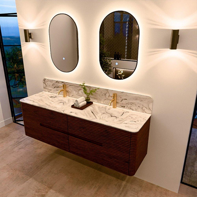 Mondiaz CIRO-DLUX Badkamermeubelset - 160x45x50cm - Solid surface wastafel Glace - 2 wasbak Dubbel - 2 kraangaten - 4 lades - Ruby