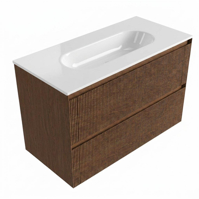 Saniclass Holz Atelier Ensemble de meubles de salle de bains - 100x45x73.9cm - lavabo en céramique Chaci blanc - 1 vasque - sans trou de robinet - 2 tiroirs - noyer pure mat (bois)