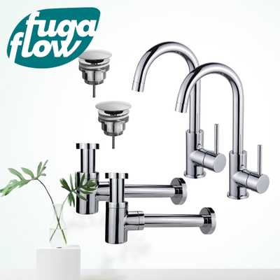 FugaFlow Eccelente Sobrado Kit robinet lavabo - pour double vasque - robinet haut - bec rotatif - bonde non-obturable - siphon design bas - Chrome brillant