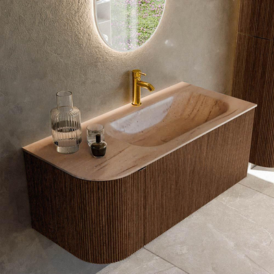 MONDIAZ KURVE-DLUX Meuble de salle de bains 105cm arrondi à gauche couleur Walnut avec 1 tiroir et 1 porte. Lavabo BIG SMALL à droite 1 trou de robinet Saba.
