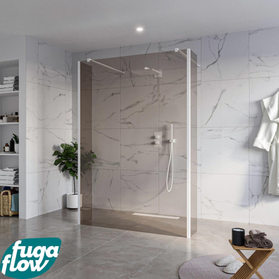 FugaFlow Eccelente Vetro Vrijstaande inloopdouche badkamer - 140x200cm - Rookglas - antikalk - 8mm veiligheidsglas - 2 zijwanden 40cm - met wandarmen en hoekprofielen - Wit mat -