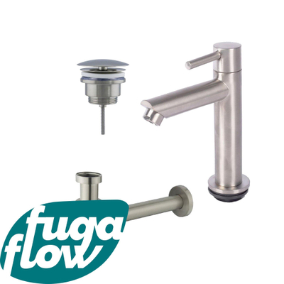 FugaFlow Eccelente Sobrado Badkamer fonteinkraanset met staande fonteinkraan laag, always open plug en design sifon PVD Geborsteld RVS