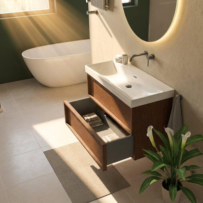 Saniclass Holz Frame Ensemble meuble de salle de bains - 100x45x67.5cm - Wave lavabo en céramique - 1 vasque - sans trou de robinetterie - 2 tiroirs - walnut pure mat (bois)