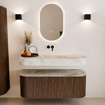 MONDIAZ THOR-DLUX 120cm badmeubel ronding links + rechts kleur Walnut met 1 lade en 2 deuren. Vrijhangende wastafel CLOUD Midden zonder kraangat kleur Frappe.