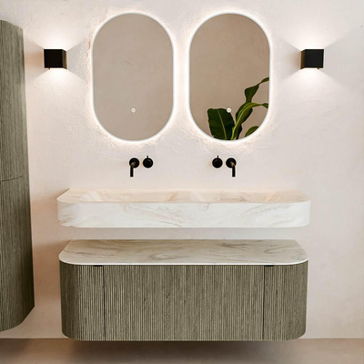 MONDIAZ THOR-DLUX Meuble de salle de bains 130cm arrondi gauche + droite couleur Shadow avec 1 tiroir et 2 portes. Vasque suspendue CLOUD Double sans trou de robinet couleur Ostra.