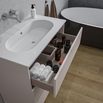 Saniclass Chaci PLUS Ensemble meuble de salle de bains - 80x86x46cm - lavabo en céramique blanc - 1 vasque ovale - 1 trou de robinet - 3 tiroirs - miroir rectangulaire - cotton mat (beige)