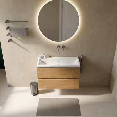 Saniclass Holz Pure Ensemble de meubles de salle de bains - 100x45x63.5cm - Vasque Bari en céramique blanche - 1 vasque - sans trou de robinet - 2 tiroirs - chêne natural mat (bois)