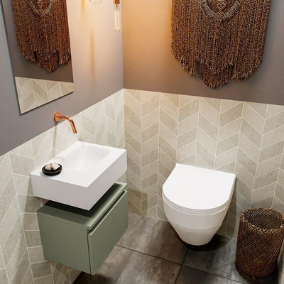 MONDIAZ ANDOR Meuble WC - 40x30x30cm - 0 trous de robinet - 1 tiroir - army mat - vasque à droite - Solid surface - Blanc