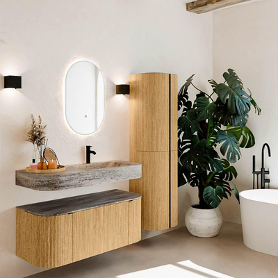 MONDIAZ THOR-DLUX 110cm badmeubel ronding links + rechts kleur Oak met 1 lade en 2 deuren. Vrijhangende wastafel CLOUD Rechts 1 kraangat kleur Oza.