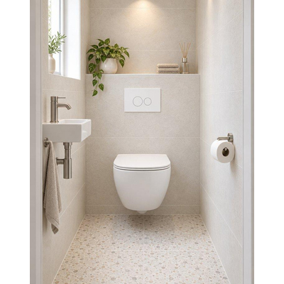 QeramiQ Dely Swirl Compact Toiletset - inbouwreservoir QeramiQ flush - slim zitting - kunststof bedieningsplaat glans wit - ronde knoppen - glans wit