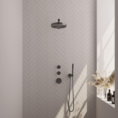 BRAUER Stripe Thermostatische Inbouw Regendouche - SET 01 - 25cm douchekop - rechte muurarm - staaf handdouche - doucheslang - wandaansluitbocht - gunmetal geborsteld PVD