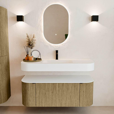 MONDIAZ THOR 120cm meuble de salle de bains arrondi gauche + droite couleur Dusk avec 1 tiroir et 2 portes. Vasque suspendue CLOUD Milieu 1 trou de robinet couleur Talc.