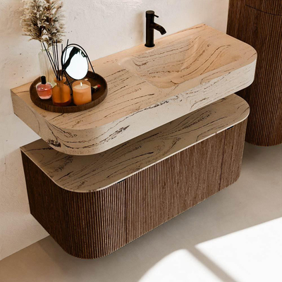 MONDIAZ THOR-DLUX 110cm badmeubel ronding links + rechts kleur Walnut met 1 lade en 2 deuren. Vrijhangende wastafel CLOUD Rechts 1 kraangat kleur Arena.