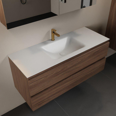 Mondiaz Aivy badmeubelset - 120x45x50cm - 1 kraangat - 1 wasbak talc Solid surface - Midden - 2 lades - Met spiegelkast - Melamine Mocha