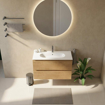 Saniclass Holz Pure Ensemble de meubles de salle de bains - 100x45x73.9cm - lavabo en céramique Chaci blanc - 1 vasque - 1 trou de robinetterie - 2 tiroirs - chêne natural mat (bois)