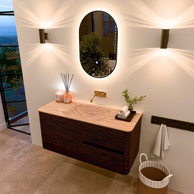 Mondiaz CIRO-DLUX Badkamermeubelset - 110x45x50cm - Solid surface wastafel Saba - 1 wasbak Midden - zonder kraangaten - 2 lades - Walnut