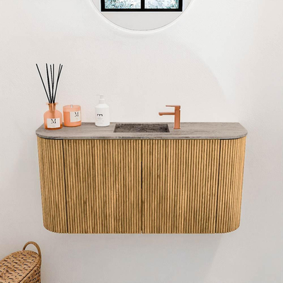 Mondiaz JOYA-DLUX 83.2cm meuble de salle de bains - arrondis gauche et droite couleur Oak - Vasque FAYE position Milieu 1 trou de robinet couleur Oza.