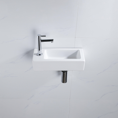 QeramiQ Fuente pack lave-mains – 37,5 x 18,5 x 9 cm – céramique blanc brillant – perçage à gauche – robinet chromé
