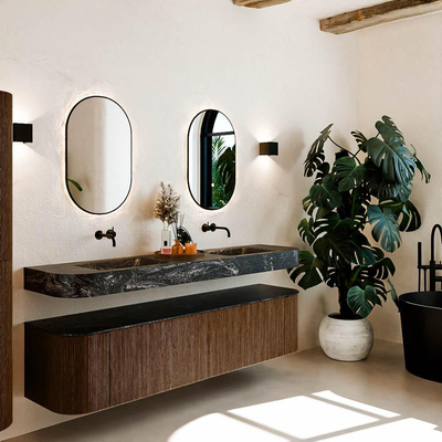 MONDIAZ THOR-DLUX Meuble de salle de bains - 190cm - arrondi gauche + droite - couleur Walnut - 2 tiroirs et 2 portes - Vasque suspendue CLOUD Double sans trou de robinet - couleur Lava