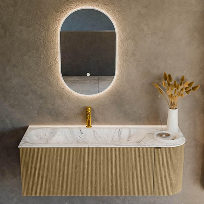 Mondiaz KURVE-DLUX Badkamermeubelset - 125x46x40cm - 1 lade - 1 deur - wastafel solid surface - links - 1 kraangat - Dusk