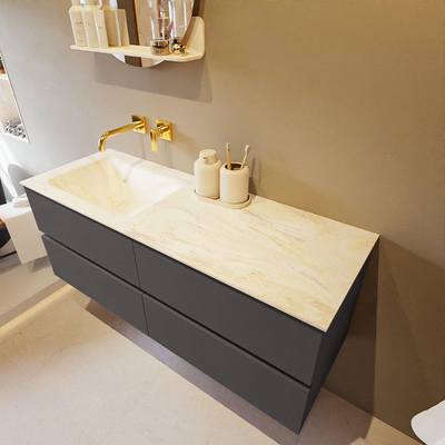 Mondiaz VICA-DLUX ensemble de meuble de salle de bain - 130cm - meuble sous-vasque gris foncé - 4 tiroirs - lavabo encastré cloud gauche - sans trous de robinet - version haute de 60cm - ostra