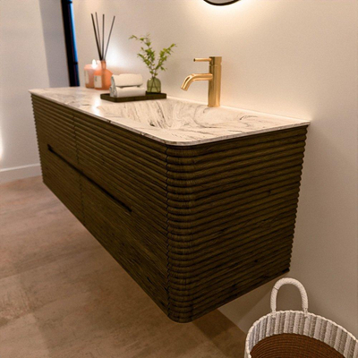 Mondiaz CIRO-DLUX Badkamermeubelset - 140x45x50cm - Solid surface wastafel Glace - 1 wasbak Rechts - 1 kraangat - 4 lades - Shadow