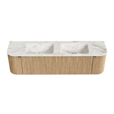 MONDIAZ KURVE-DLUX 170cm badmeubel met module 25 Len R kleur Oak met 1 lade en 2 deuren. Wastafel LEAF dubbel 2 kraangaten kleur Frappe.