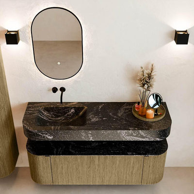 MONDIAZ THOR-DLUX 140cm meuble de salle de bains arrondi gauche + droite couleur Dusk avec 1 tiroir et 2 portes. Vasque suspendue CLOUD gauche sans trou de robinet couleur Lava.