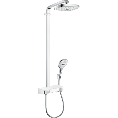 Hansgrohe Raindance Select E300 showerpipe: avec tablette de douche 300 robinet thermostatique apparent avec douchette 3 jets et pomme de douche 2 jets blanc/chrome