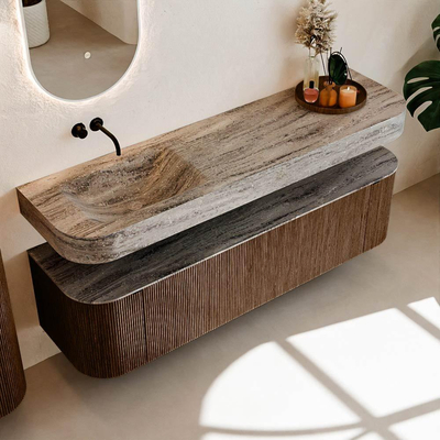 MONDIAZ THOR-DLUX Meuble de salle de bains 170cm arrondi gauche + droite couleur Walnut avec 1 tiroir et 2 portes. Vasque suspendue CLOUD Gauche sans trou de robinet couleur Oza.