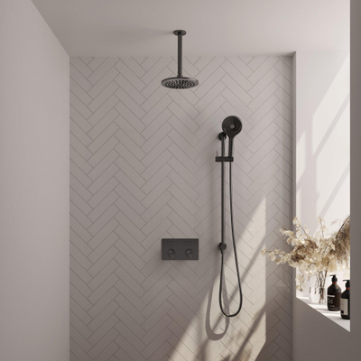 Brauer Gunmetal Carving douche thermostatique à effet pluie avec bouton poussoir 71 20cm pommeau de douche bras de plafond 3 positions douche à main tuyau de douche coulissant intégré gunmetal pvd brossé