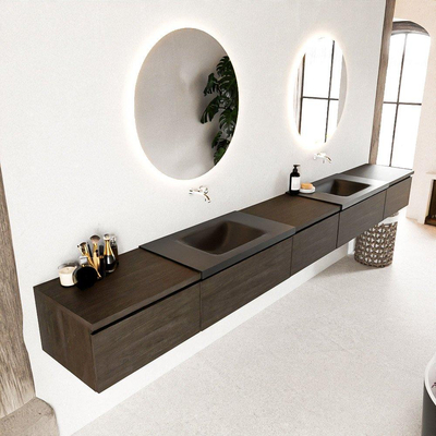 MONDIAZ BUKLA 340cm badmeubel met module 60 kleur Dark Brown met 5 lades. Wastafel CLOUD dubbel 0 kraangaten kleur Urban.