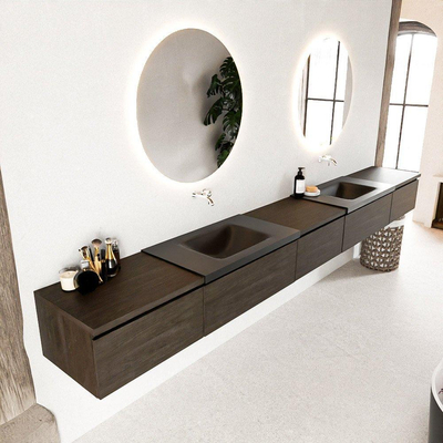 Mondiaz BUKLA badkamermeubelset 340x45x34cm 0 kraangaten 2 wasbakken solid surface Urban greeploos 5 lades met softclose Melamine Dark brown