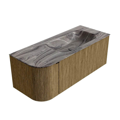 MONDIAZ KURVE-DLUX 115cm badmeubel ronding Links kleur Dusk met 1 lade en 1 deur. Wastafel BIG SMALL Rechts zonder kraangat Sombra.